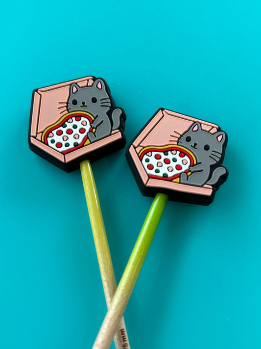 Comma Craft Co Knitting Needle Point Protectors Cat on Pizza Box Food Notions and Tools