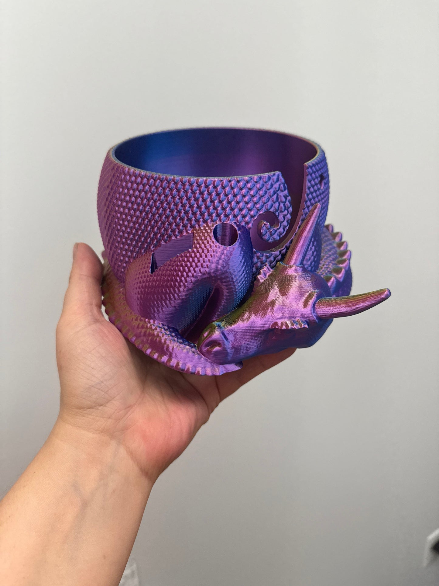 Loops And Layers Gold/Blue/Purple Enchanted Dragon Yarn Bowl with Convenient Tool Holes - 3D Printed Design Yarn Bowl