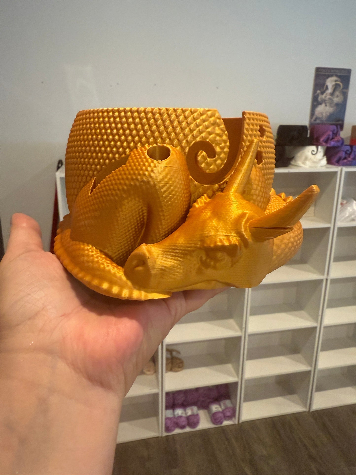 Loops And Layers Royal Gold Enchanted Dragon Yarn Bowl with Convenient Tool Holes - 3D Printed Design Yarn Bowl