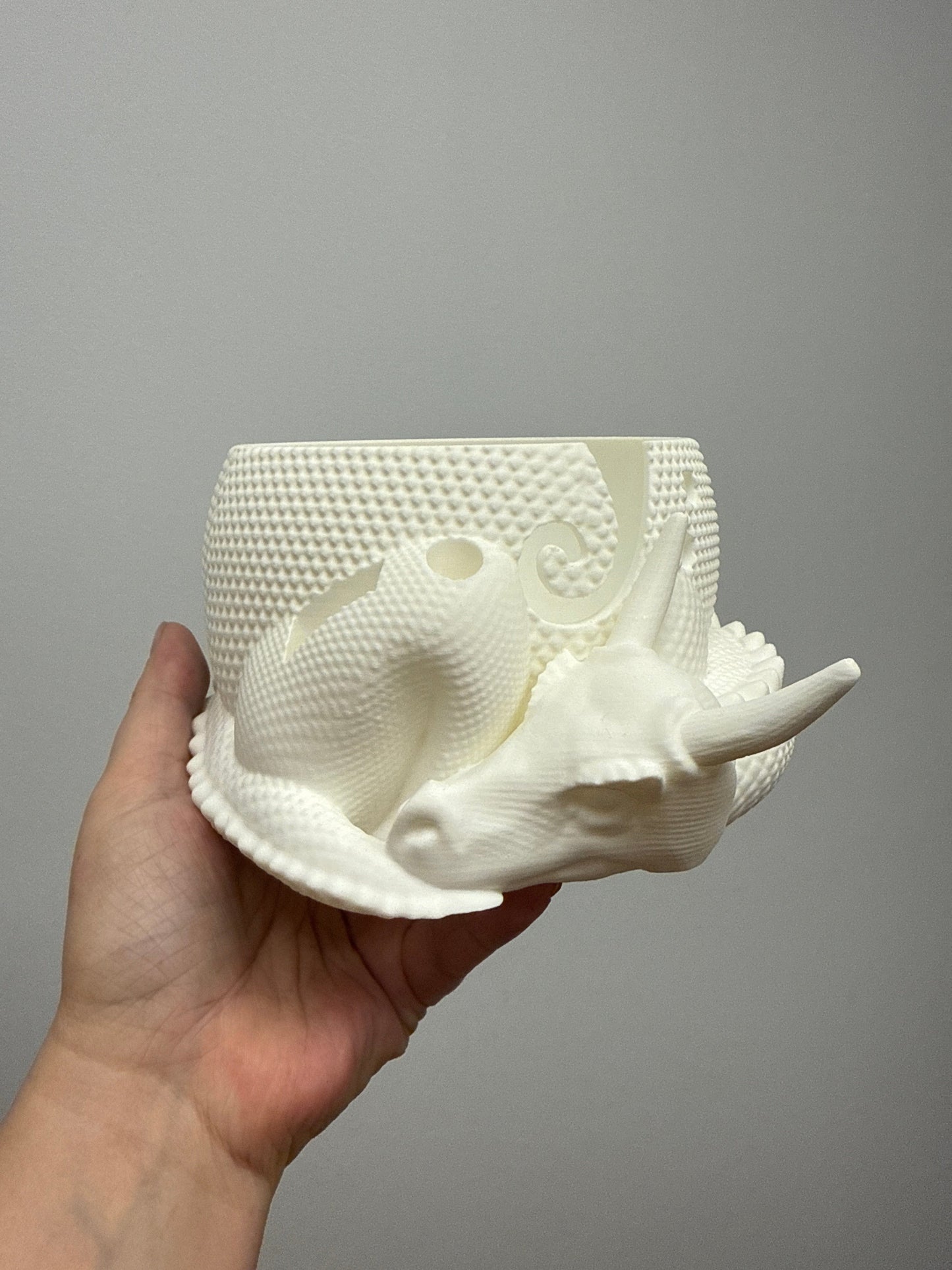 Loops And Layers White Enchanted Dragon Yarn Bowl with Convenient Tool Holes - 3D Printed Design Yarn Bowl