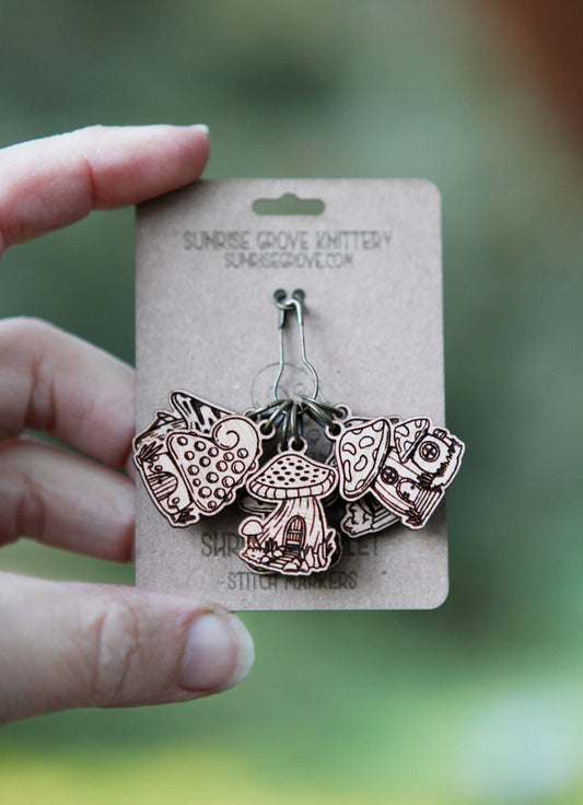 Sunrise Grove Cherry Wood Mushroom Houses Stitch Markers Set of 6 Stitch markers