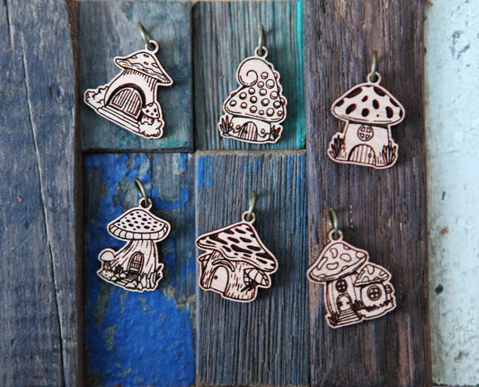 Sunrise Grove Cherry Wood Mushroom Houses Stitch Markers Set of 6 Stitch markers