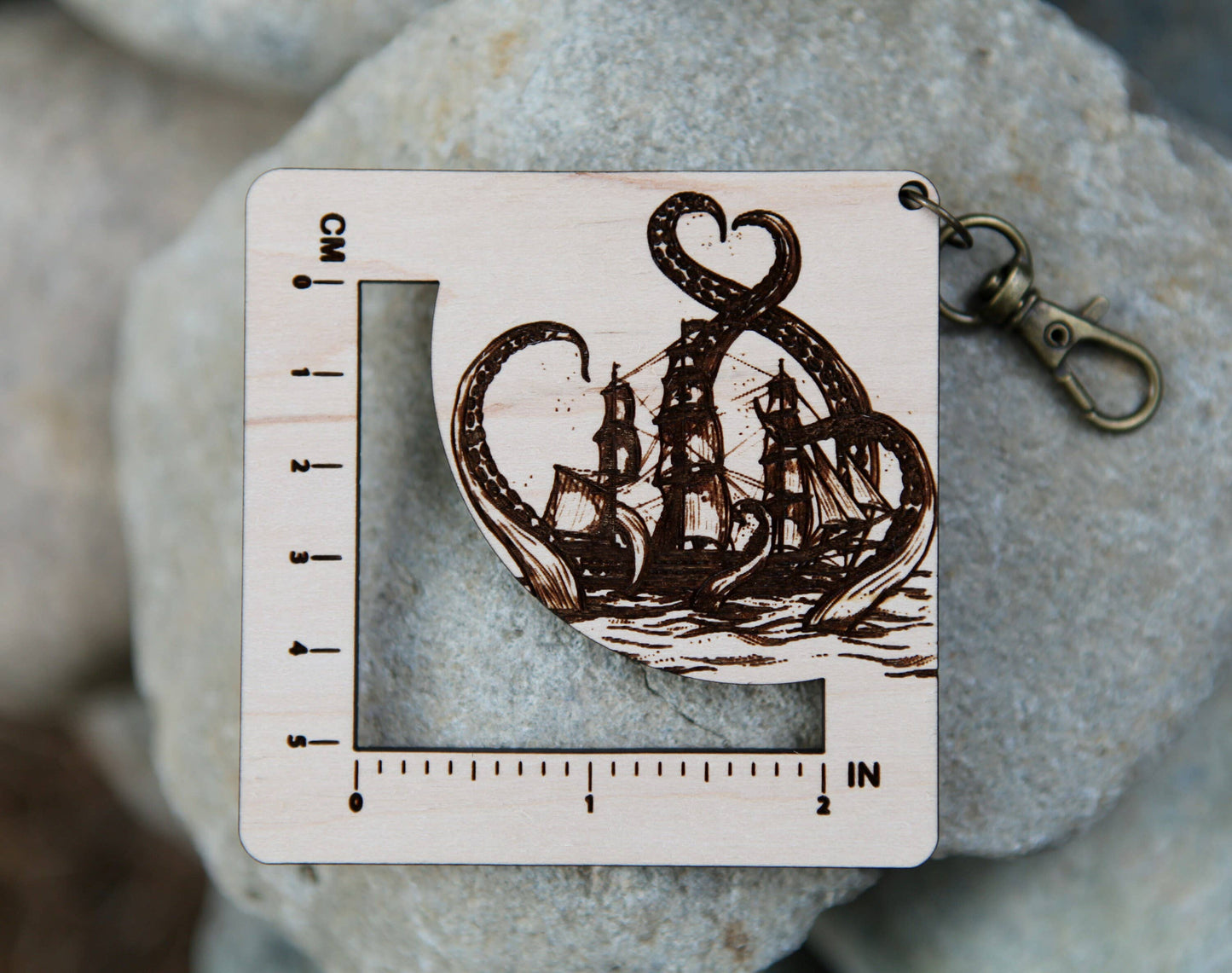 Sunrise Grove Kraken Squid Maple & Bronze Fiber Arts Gauge Ruler Notions and Tools