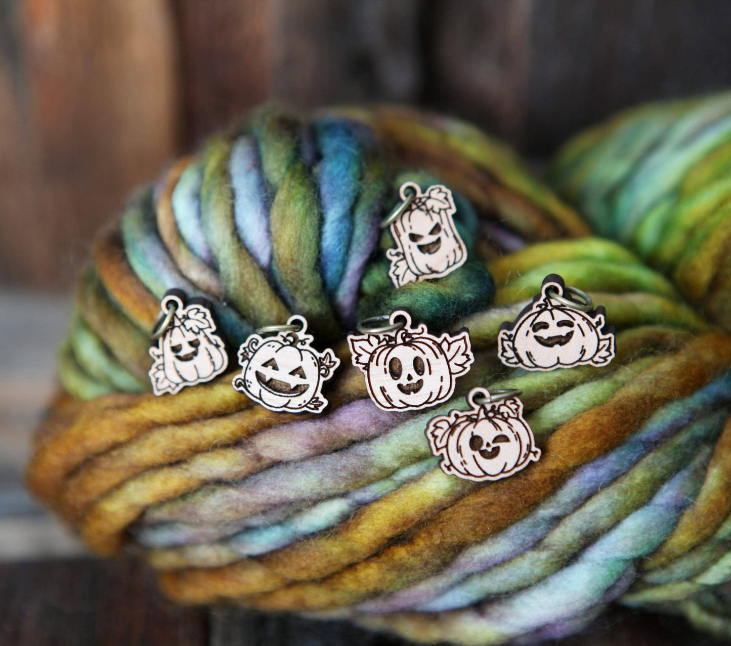 Sunrise Grove Pumpkin Jack-o'-lantern Cherry Wood Stitch Markers Set of 6