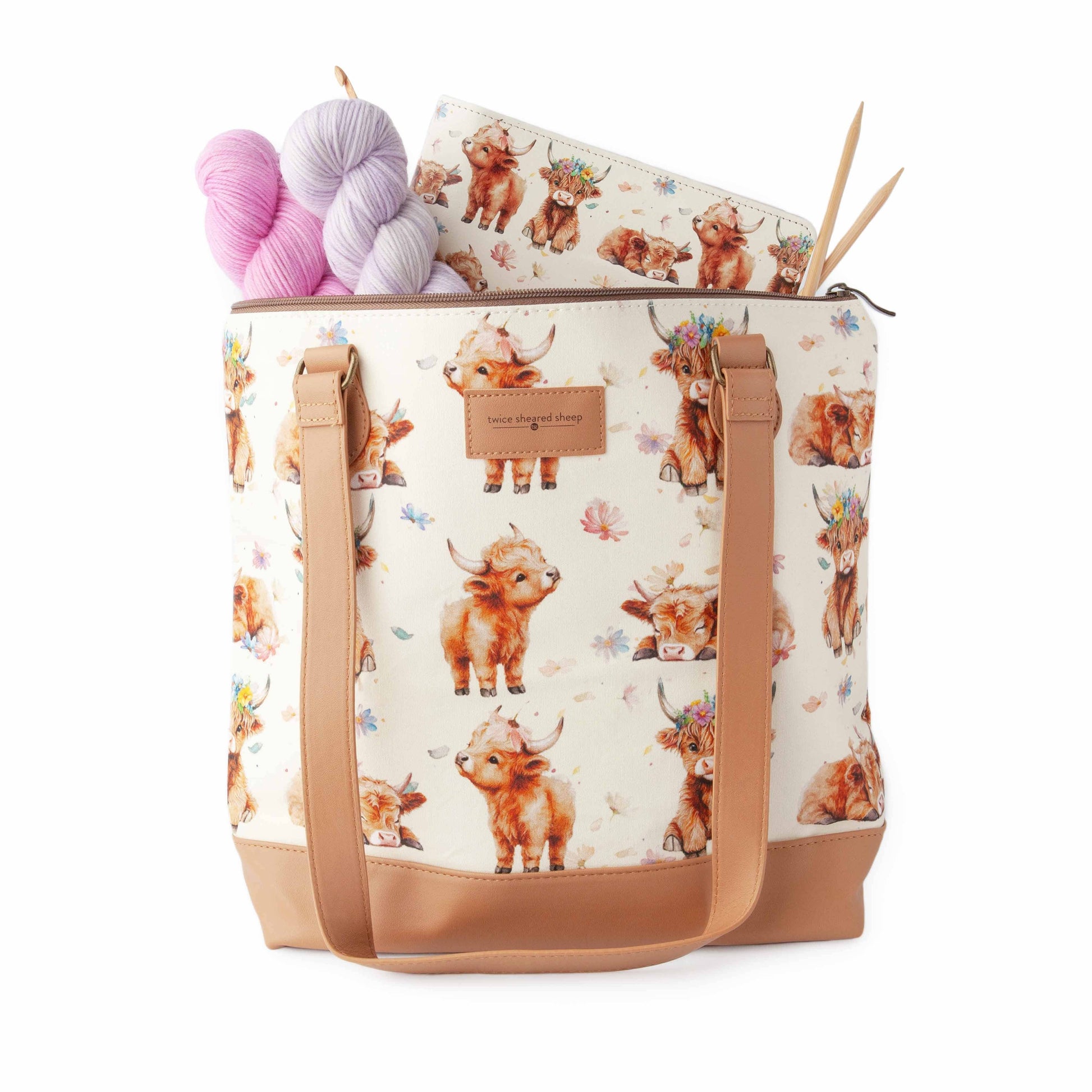 Twice Sheared Sheep Maisy Highland Cow Mega Trinity Bag – Large Zippered Knitting Project Bag Tote Bags