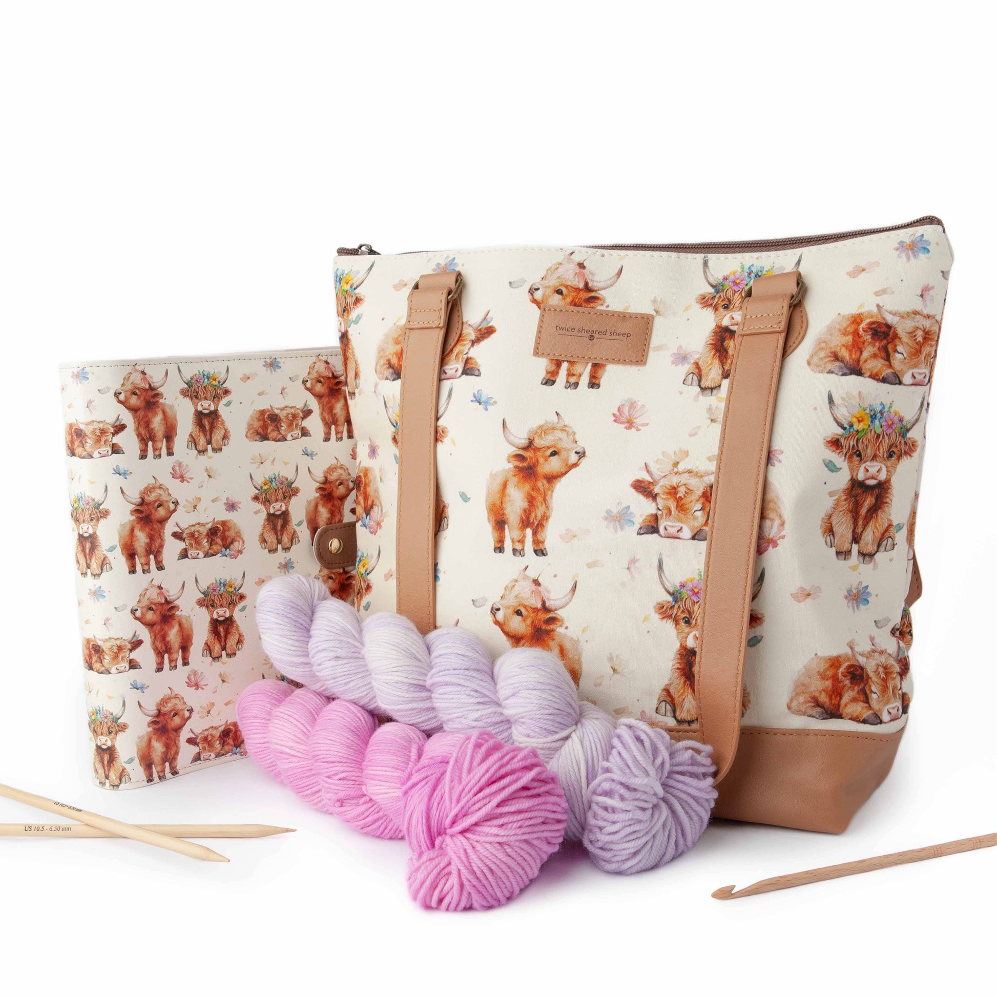 Twice Sheared Sheep Maisy Highland Cow Mega Trinity Bag – Large Zippered Knitting Project Bag Tote Bags
