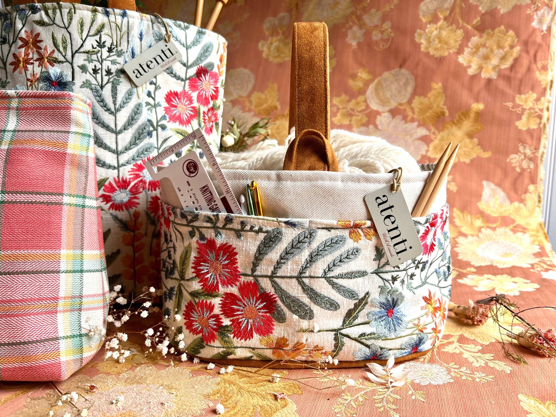 Atenti Wildflower Caddy– Handmade USA Embroidered Floral Yarn & Notions Organizer, Atenti Project Bag