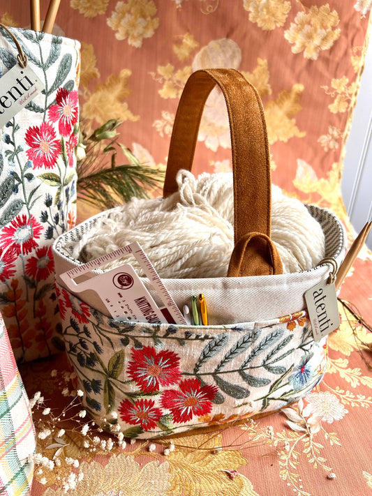 Atenti Wildflower Caddy– Handmade USA Embroidered Floral Yarn & Notions Organizer, Atenti Project Bag
