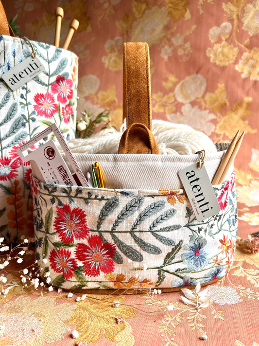Atenti Wildflower Caddy– Handmade USA Embroidered Floral Yarn & Notions Organizer, Atenti Project Bag