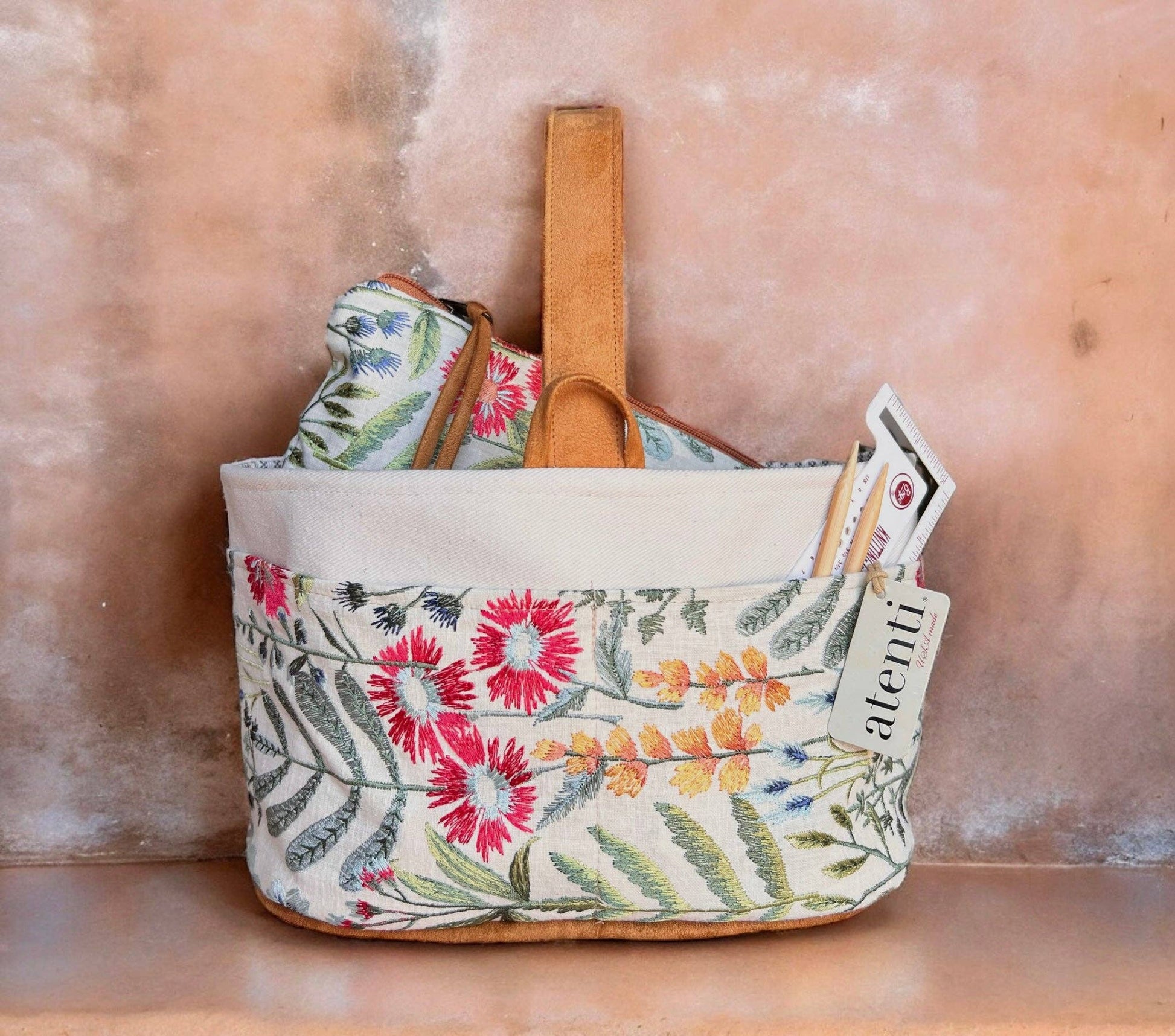 Atenti Wildflower Caddy– Handmade USA Embroidered Floral Yarn & Notions Organizer, Atenti Project Bag
