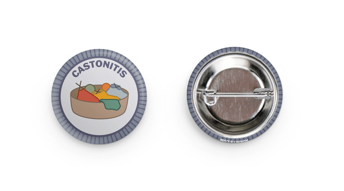 Camp Stitchwood Castonitis Knitting Merit Badge Pin