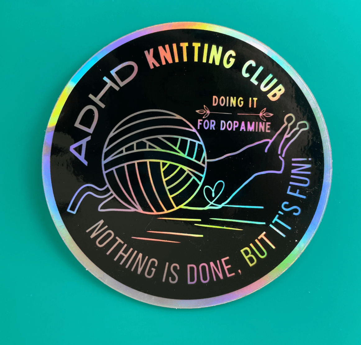 Comma Craft Co Holo Vinyl Sticker - ADHD Knitting Club Sticker