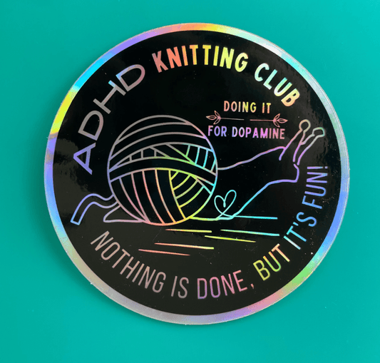 Comma Craft Co Holo Vinyl Sticker - ADHD Knitting Club Sticker