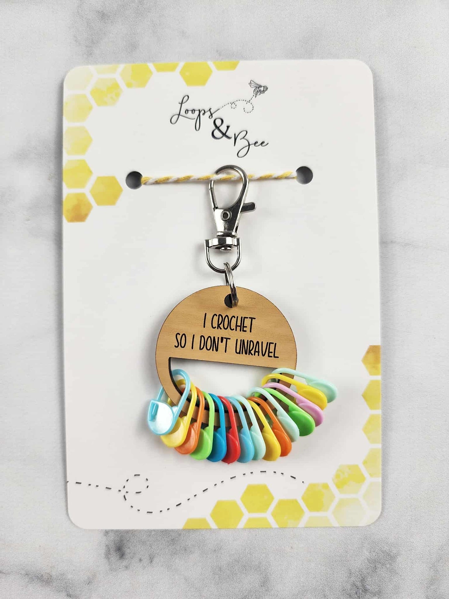 Loops & Bee Just one more row Stitch Marker Holder Keychain