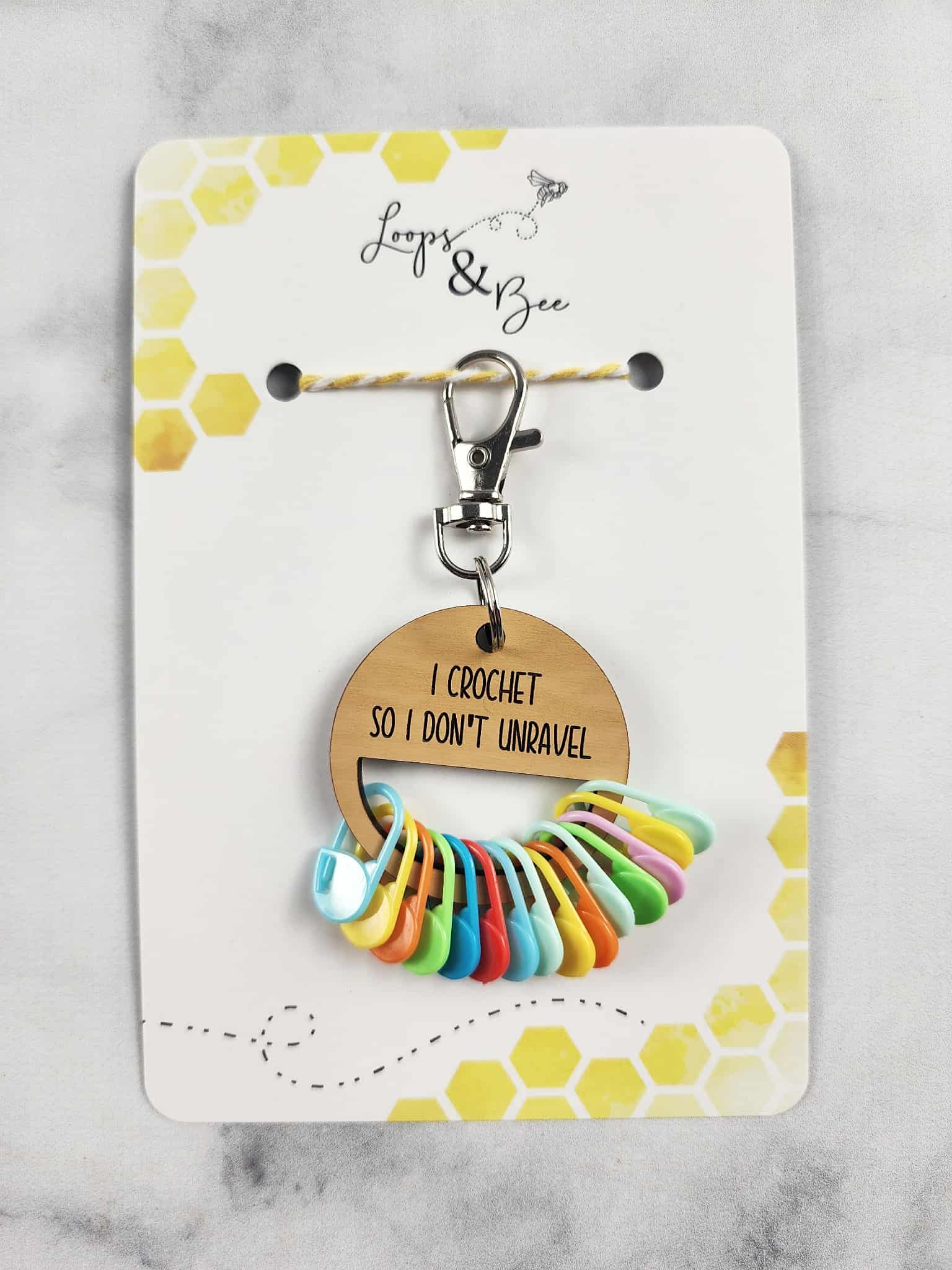 Loops & Bee Just one more row Stitch Marker Holder Keychain