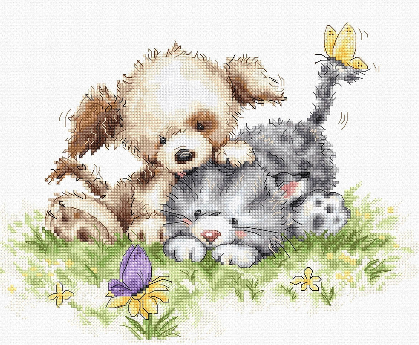 Luca-S Cross Stitch Kit: Dog and Cat with Butterfly, B1185 Cross Stitch Kit