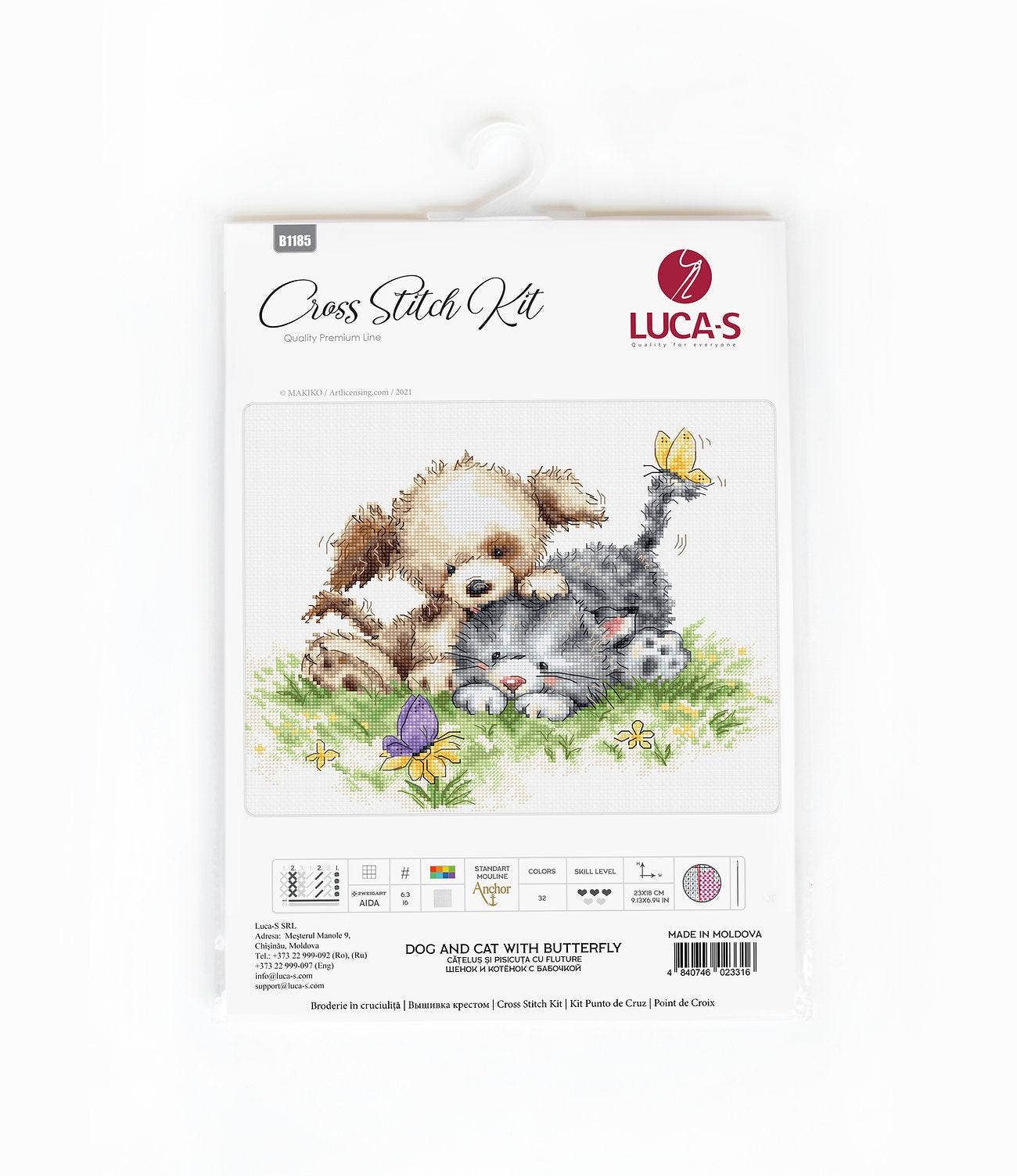 Luca-S Cross Stitch Kit: Dog and Cat with Butterfly, B1185 Cross Stitch Kit