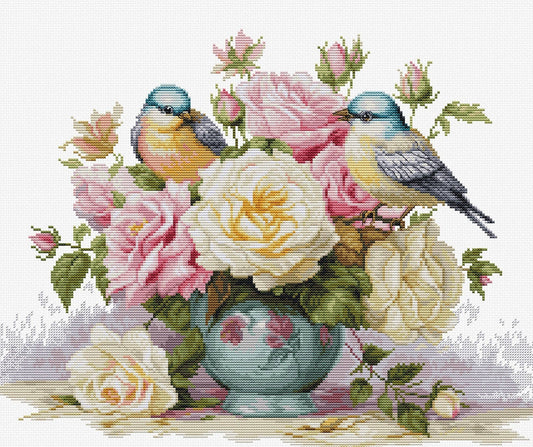 Luca-S Cross Stitch Kit: Vase with Roses and Birds, B7038 Cross Stitch Kit