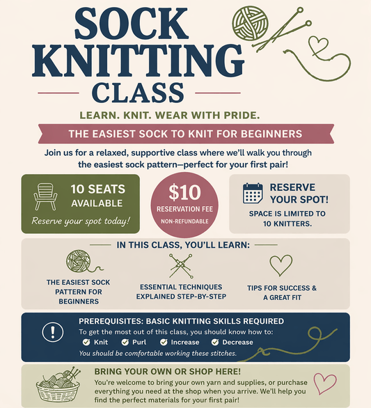Mountaintop Yarn Sock Knitting Class - April 25, 2026 - 4pm to 6pm Class
