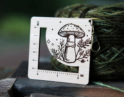 Sunrise Grove Amanita Mushroom Knit & Crochet Gauge Ruler Cherry & Bronze Notions and Tools