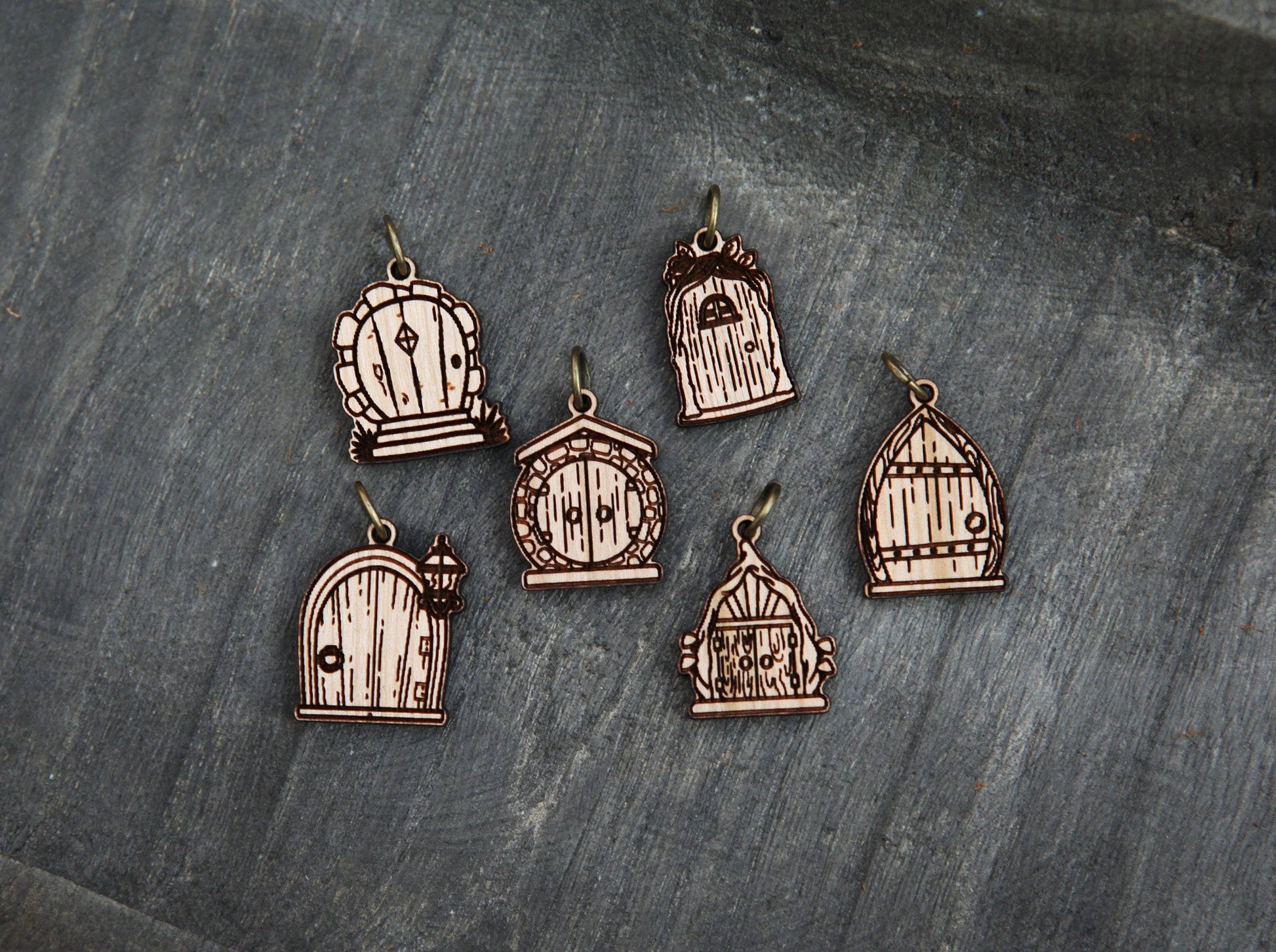 Sunrise Grove Cherry Wood Fairy & Gnome Door Stitch Markers Set of 6 Stitch markers