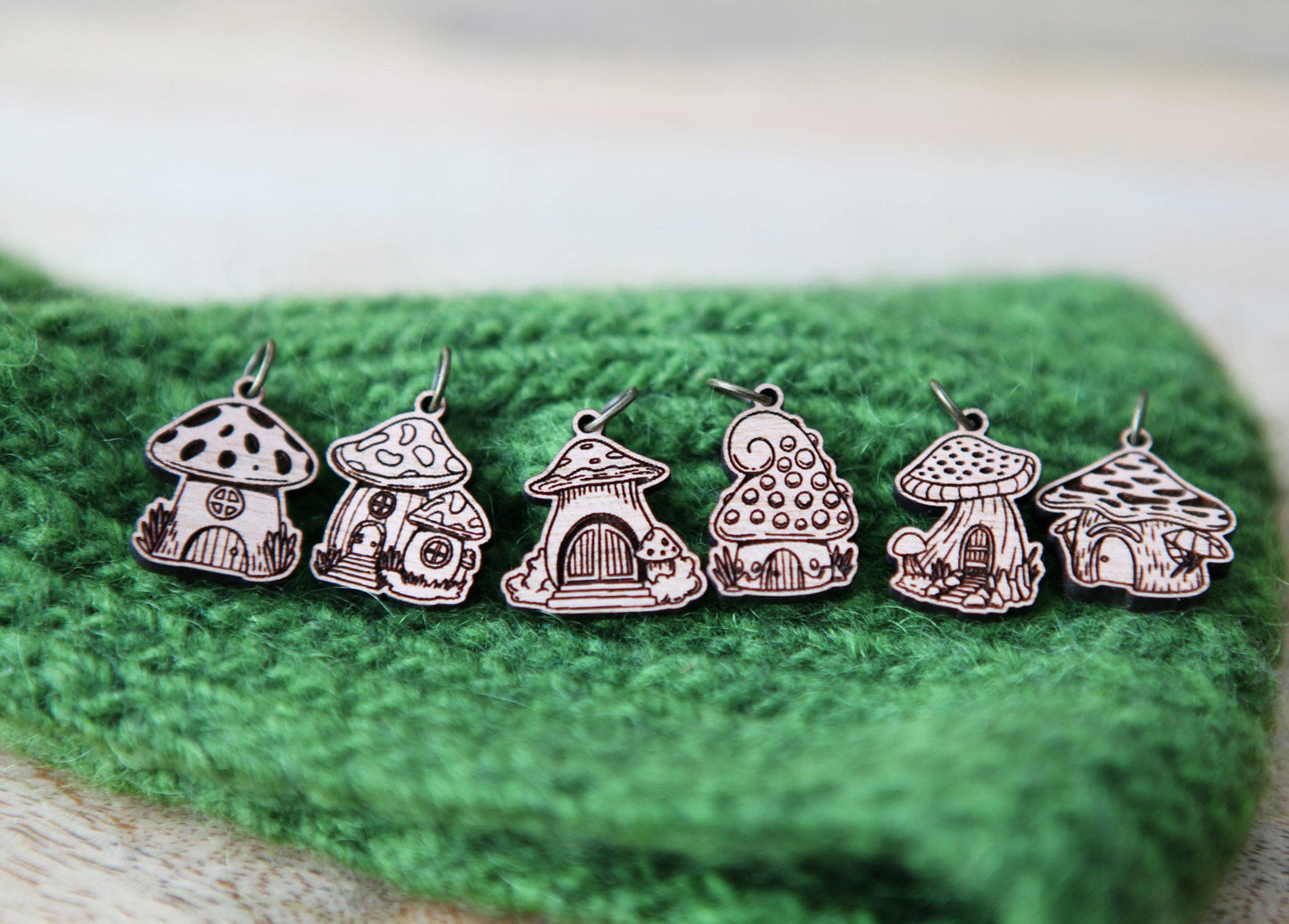Sunrise Grove Cherry Wood Mushroom Houses Stitch Markers Set of 6 Stitch markers
