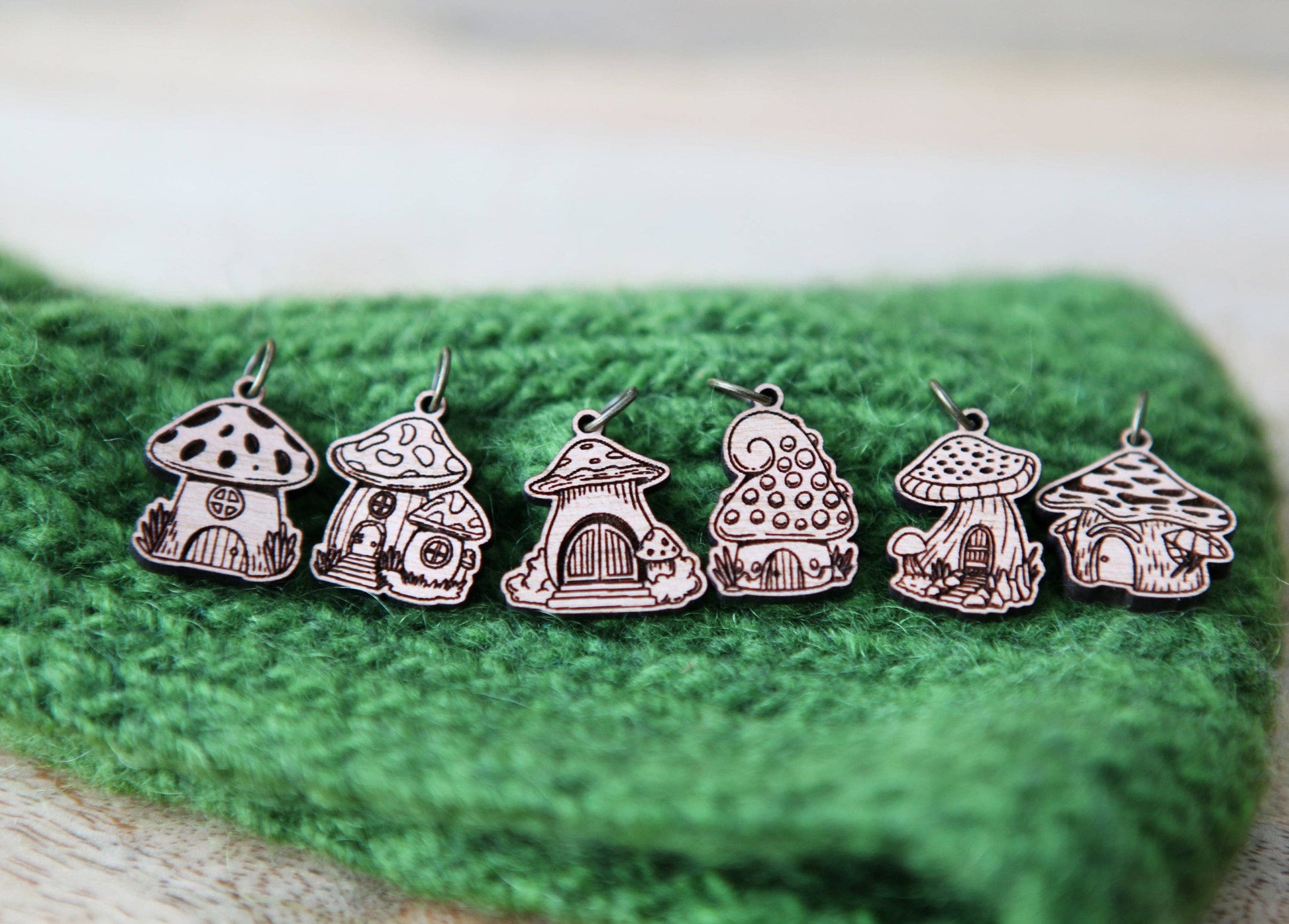 Sunrise Grove Cherry Wood Mushroom Houses Stitch Markers Set of 6 Stitch markers