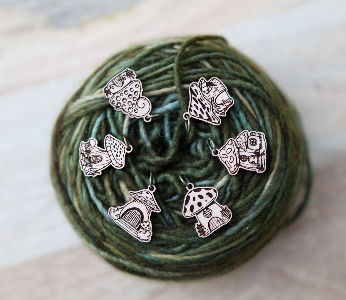 Sunrise Grove Cherry Wood Mushroom Houses Stitch Markers Set of 6 Stitch markers
