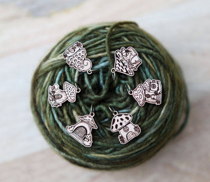 Sunrise Grove Cherry Wood Mushroom Houses Stitch Markers Set of 6 Stitch markers