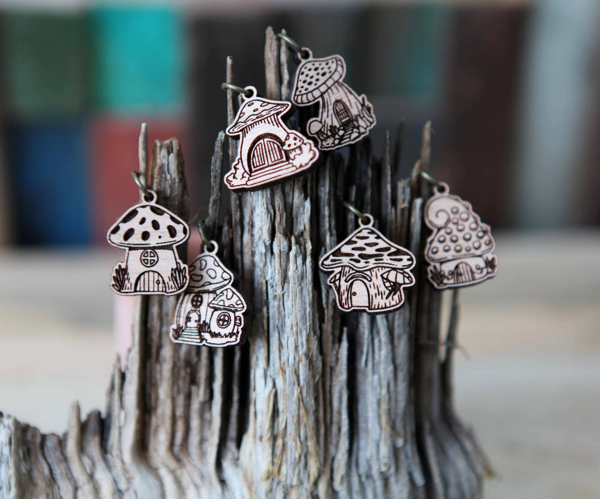 Sunrise Grove Cherry Wood Mushroom Houses Stitch Markers Set of 6 Stitch markers
