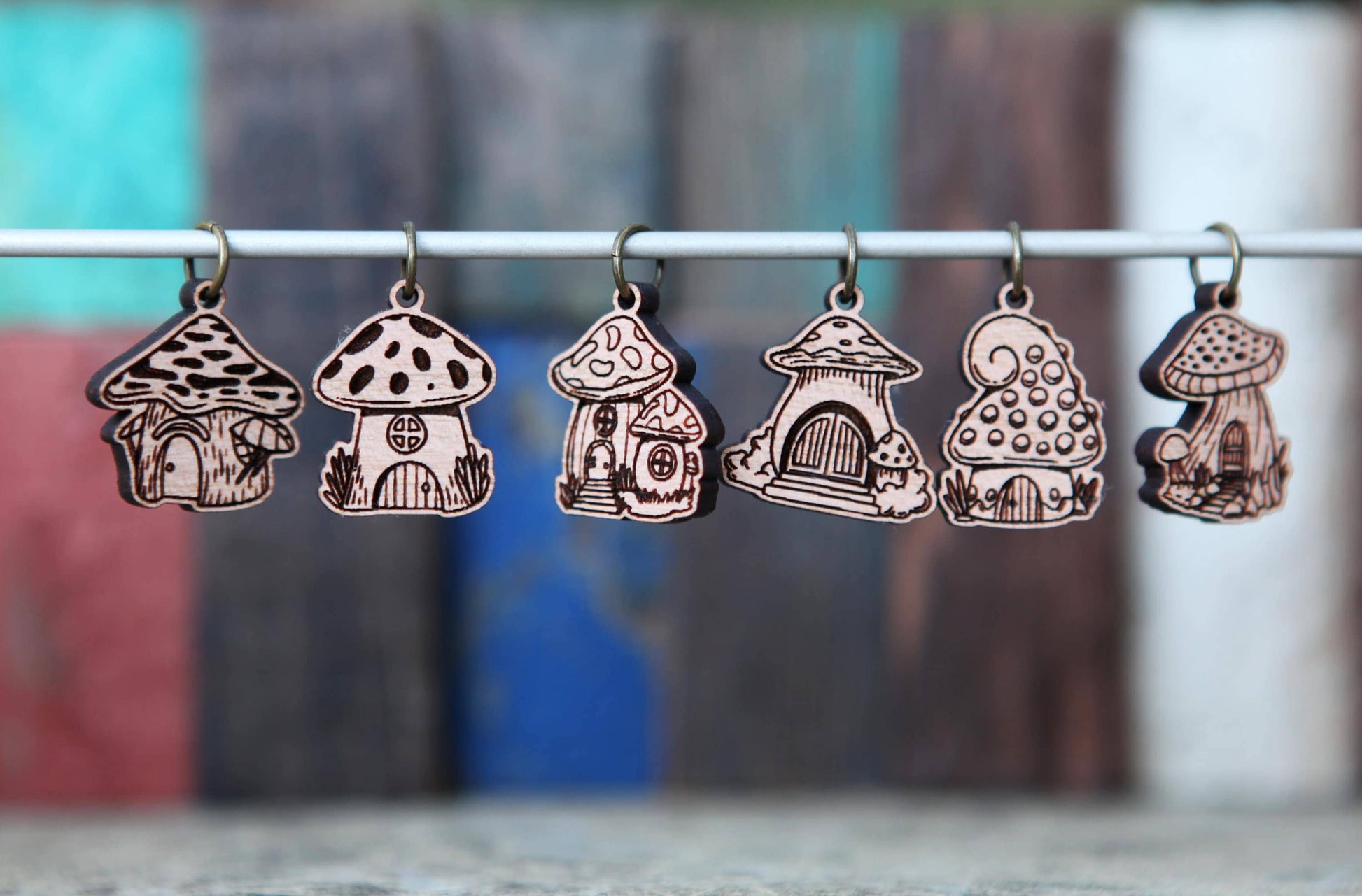 Sunrise Grove Cherry Wood Mushroom Houses Stitch Markers Set of 6 Stitch markers