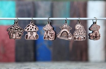 Sunrise Grove Cherry Wood Mushroom Houses Stitch Markers Set of 6 Stitch markers