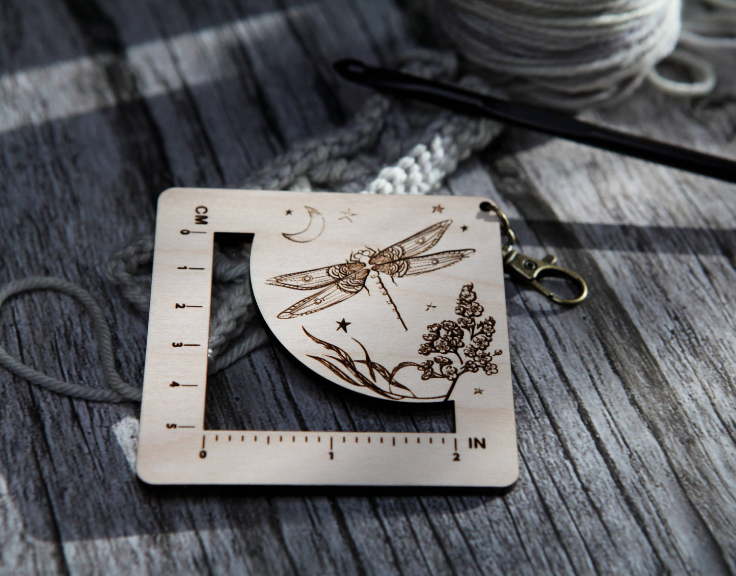 Sunrise Grove Dragonfly Moon Gauge Ruler in Maple & Bronze for Fiber Arts