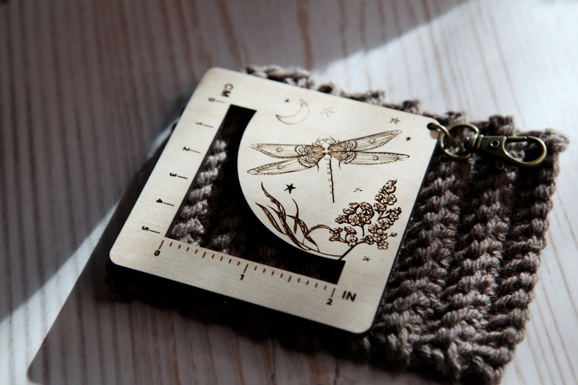 Sunrise Grove Dragonfly Moon Gauge Ruler in Maple & Bronze for Fiber Arts