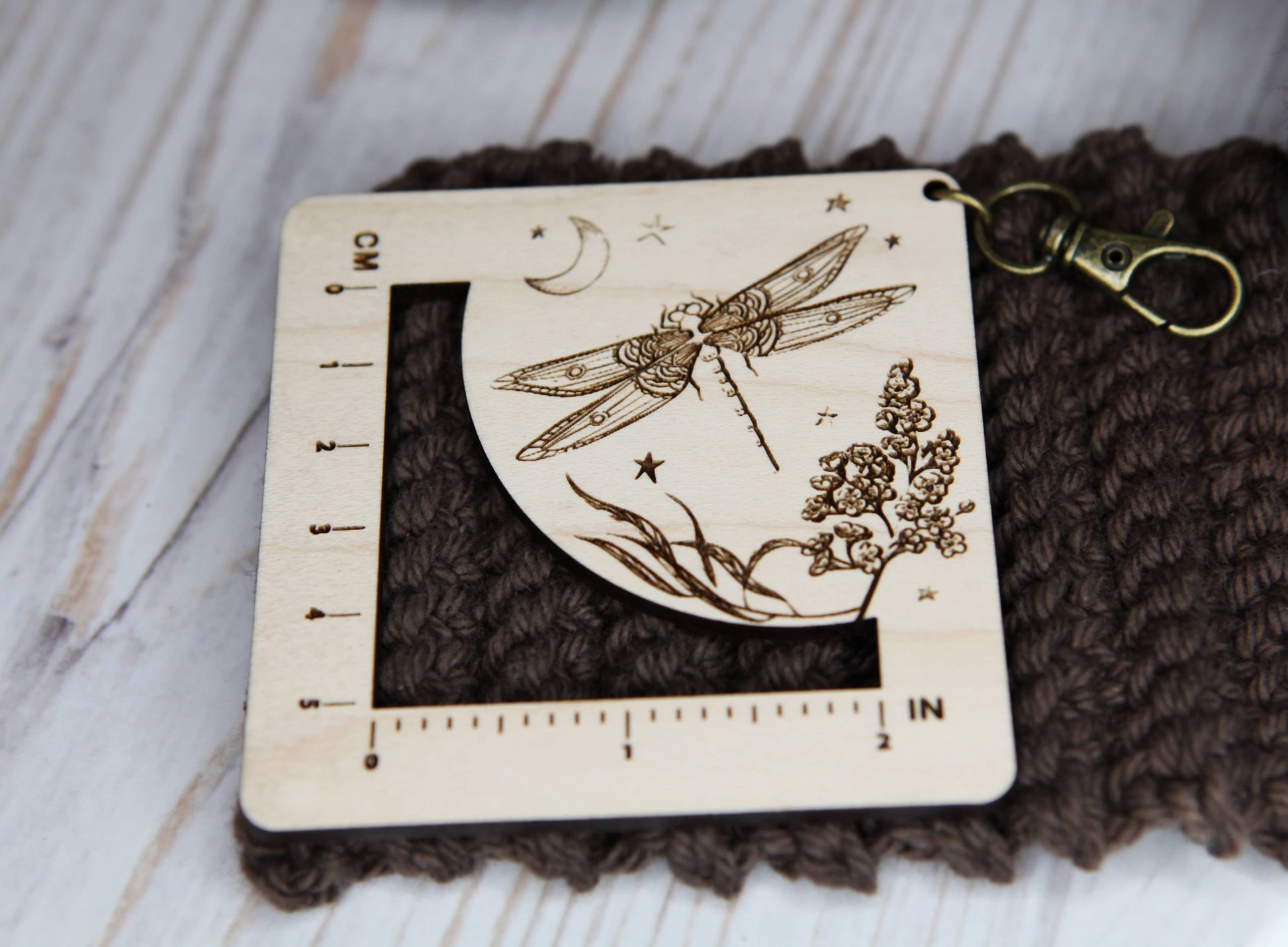Sunrise Grove Dragonfly Moon Gauge Ruler in Maple & Bronze for Fiber Arts
