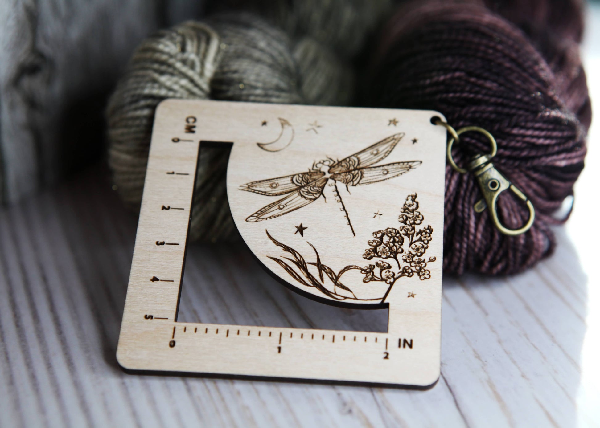 Sunrise Grove Dragonfly Moon Gauge Ruler in Maple & Bronze for Fiber Arts