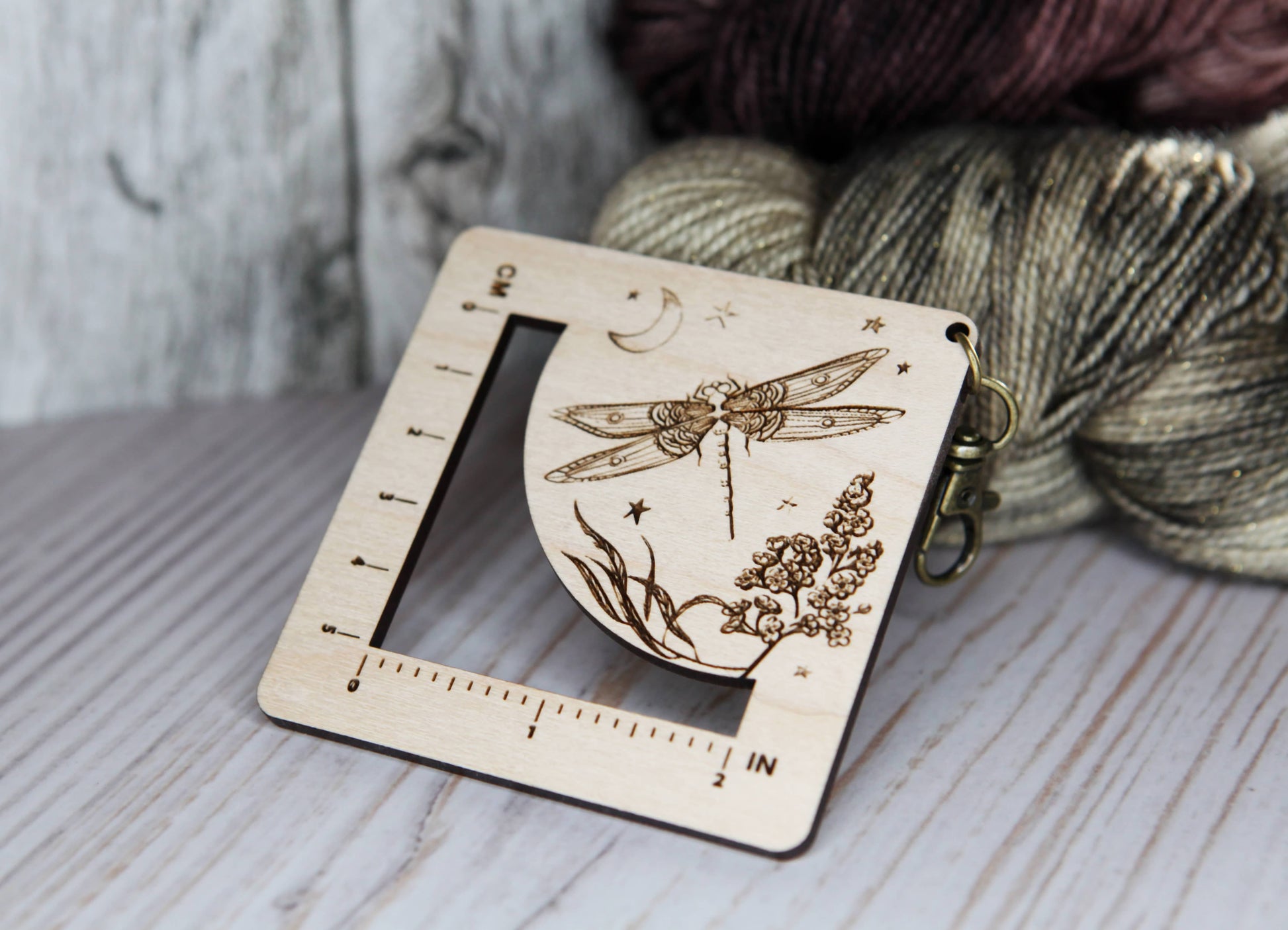 Sunrise Grove Dragonfly Moon Gauge Ruler in Maple & Bronze for Fiber Arts