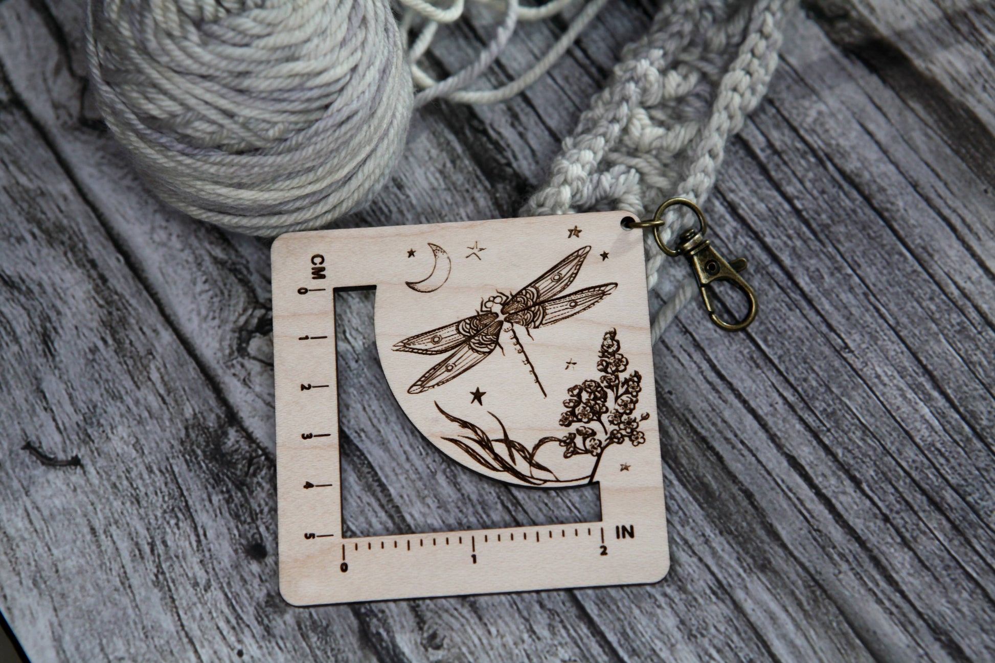 Sunrise Grove Dragonfly Moon Gauge Ruler in Maple & Bronze for Fiber Arts