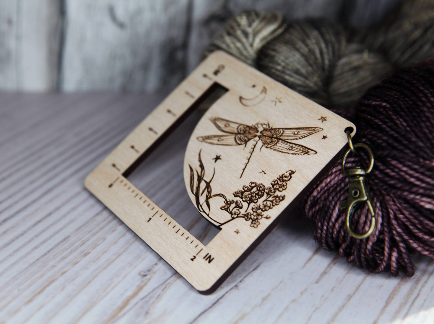 Sunrise Grove Dragonfly Moon Gauge Ruler in Maple & Bronze for Fiber Arts