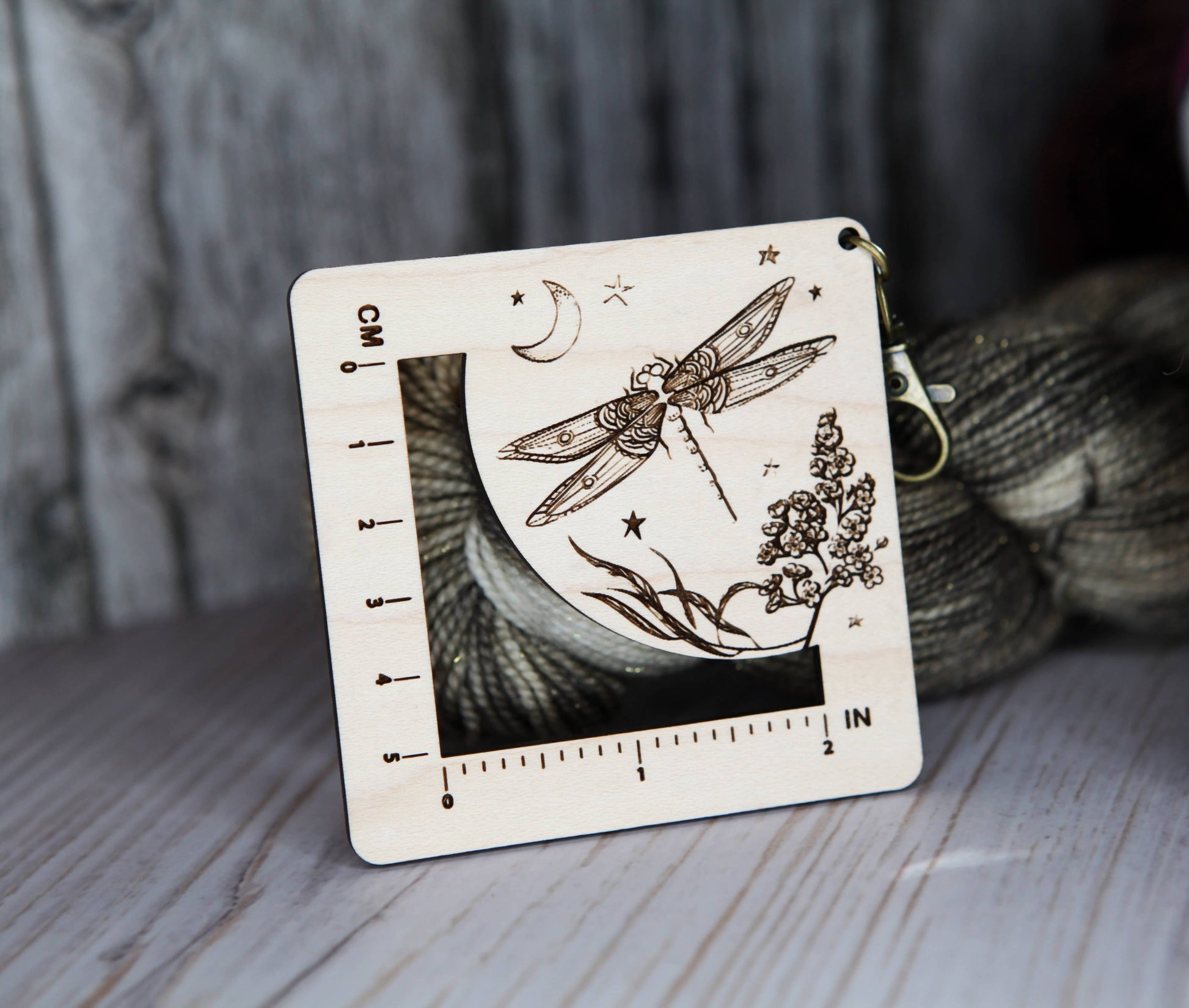 Sunrise Grove Dragonfly Moon Gauge Ruler in Maple & Bronze for Fiber Arts