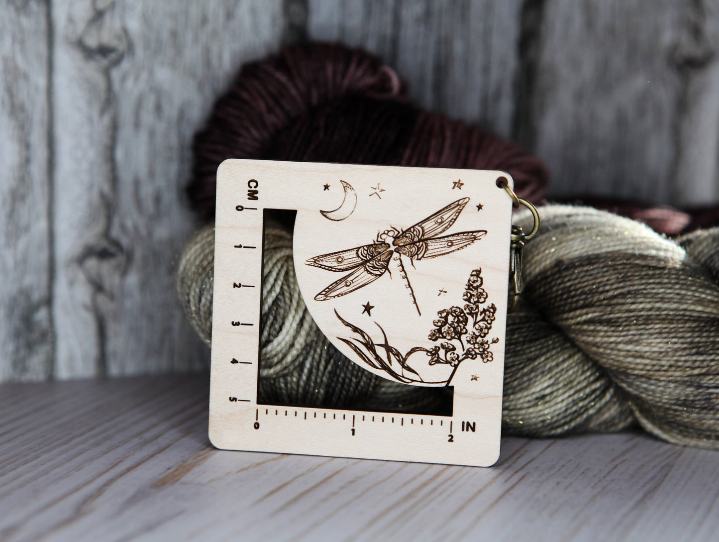 Sunrise Grove Dragonfly Moon Gauge Ruler in Maple & Bronze for Fiber Arts