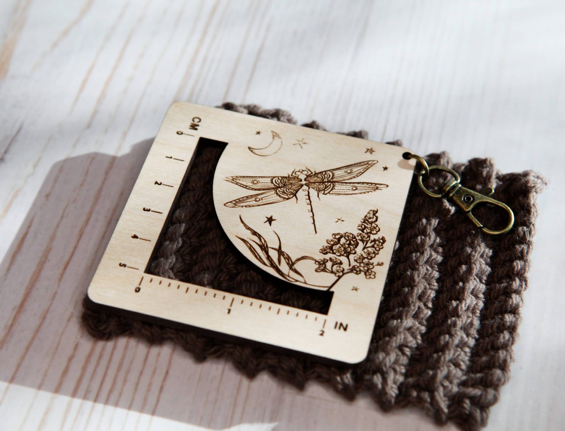 Sunrise Grove Dragonfly Moon Gauge Ruler in Maple & Bronze for Fiber Arts