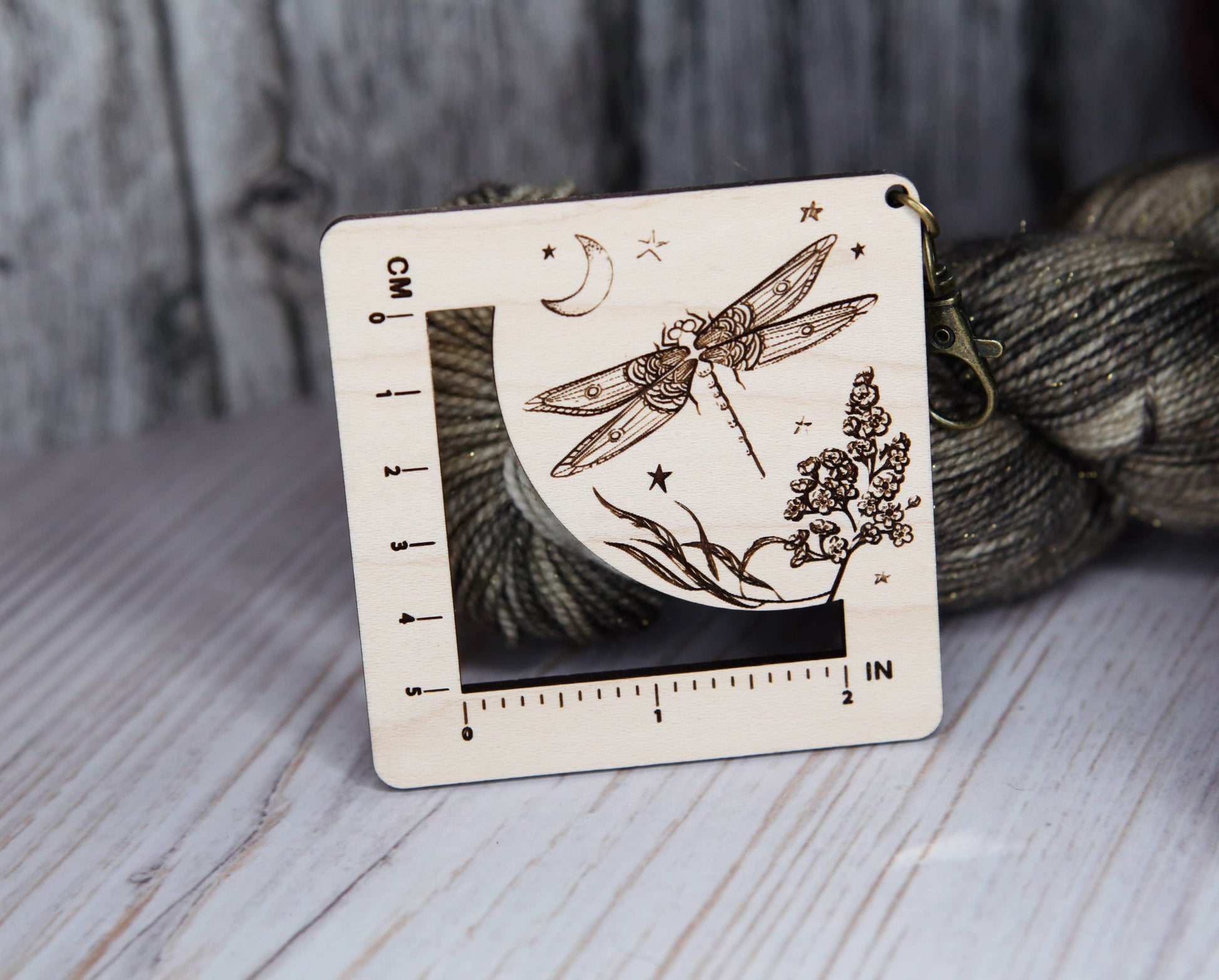 Sunrise Grove Dragonfly Moon Gauge Ruler in Maple & Bronze for Fiber Arts