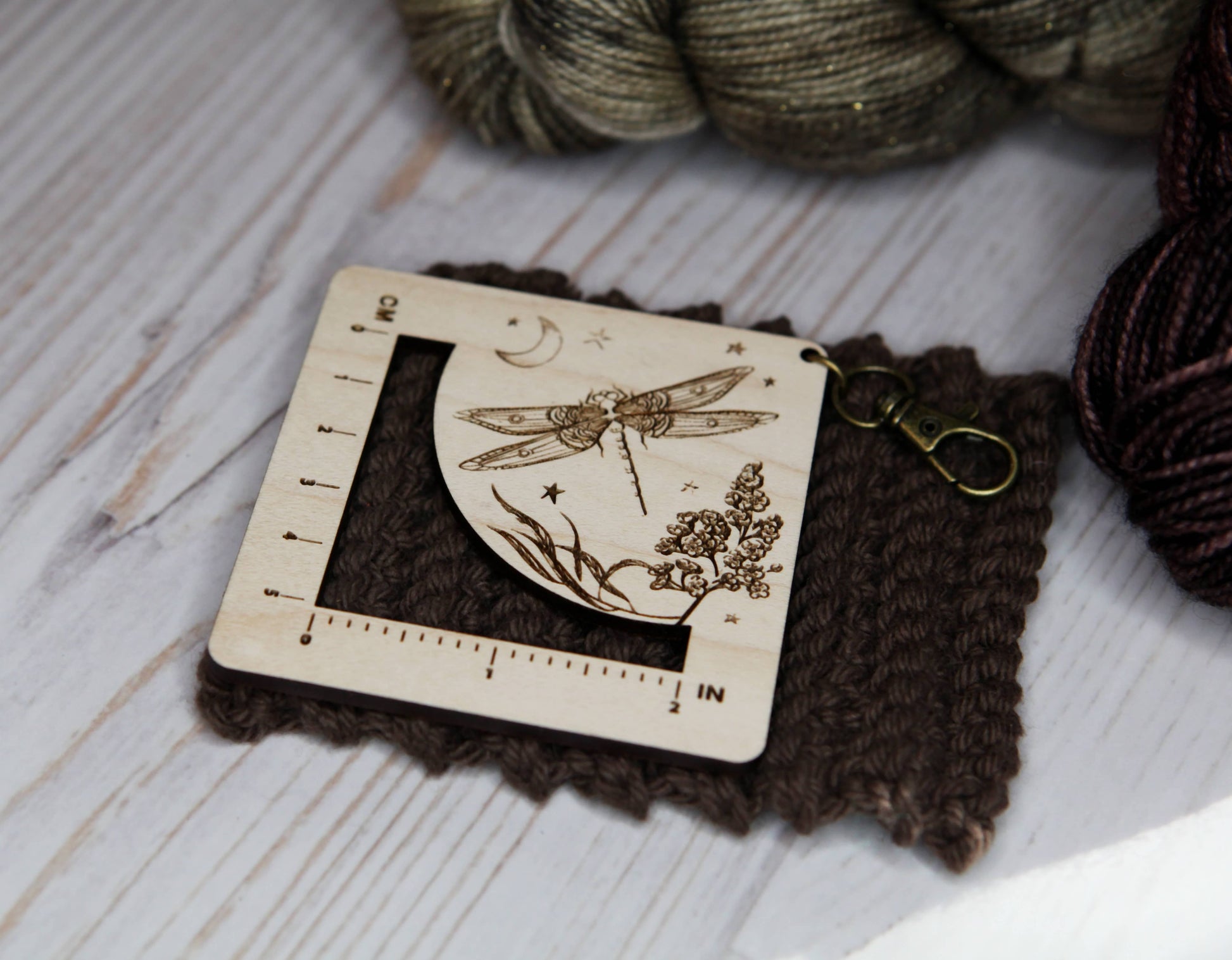 Sunrise Grove Dragonfly Moon Gauge Ruler in Maple & Bronze for Fiber Arts