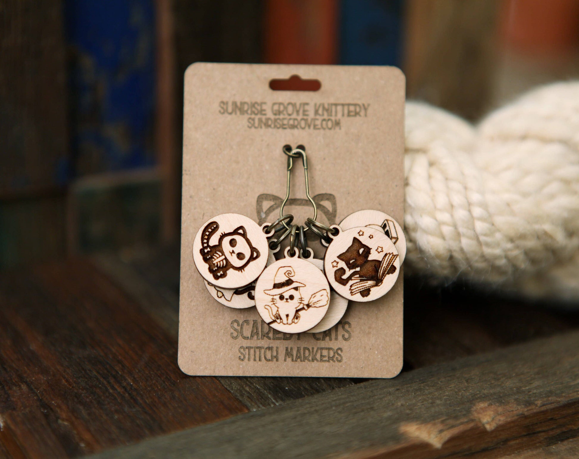 Sunrise Grove Halloween Cats Knitting Stitch Markers Set in Maple Wood Stitch markers