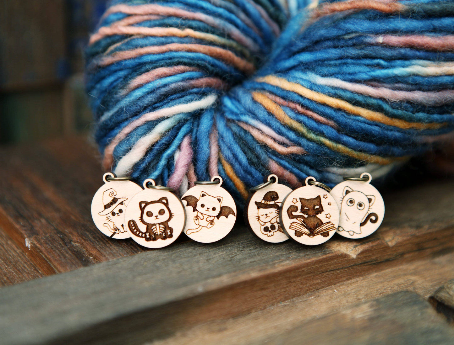 Sunrise Grove Halloween Cats Knitting Stitch Markers Set in Maple Wood Stitch markers