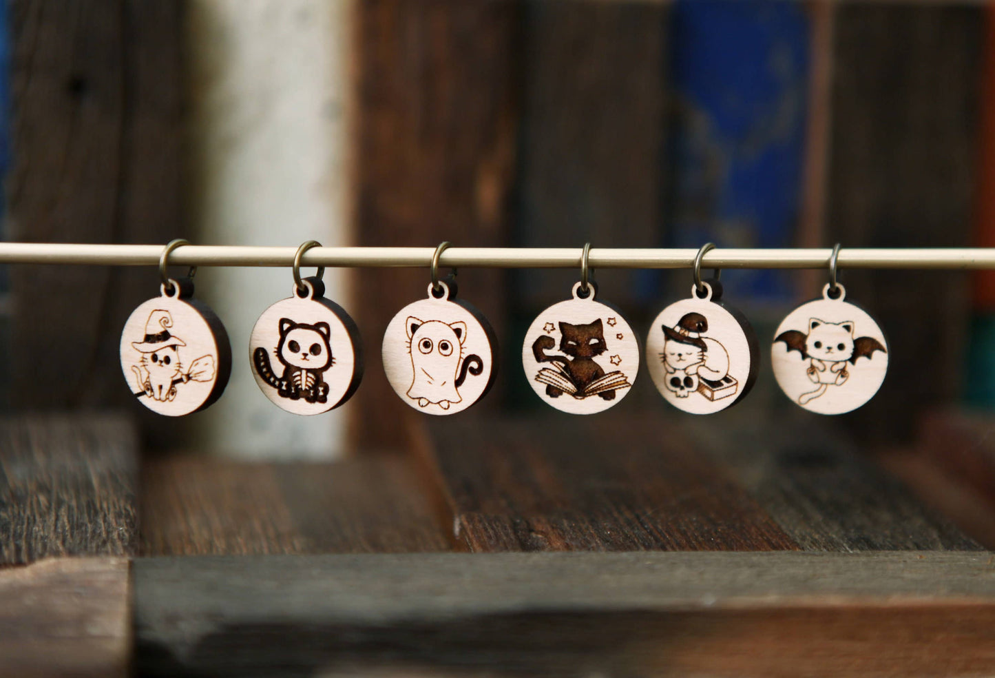 Sunrise Grove Halloween Cats Knitting Stitch Markers Set in Maple Wood Stitch markers