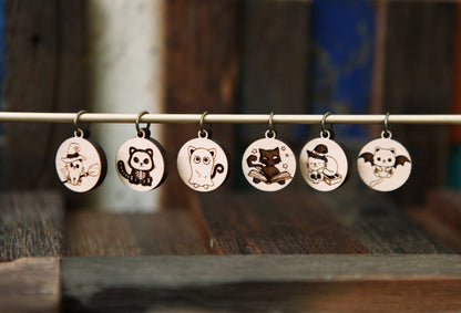 Sunrise Grove Halloween Cats Knitting Stitch Markers Set in Maple Wood Stitch markers