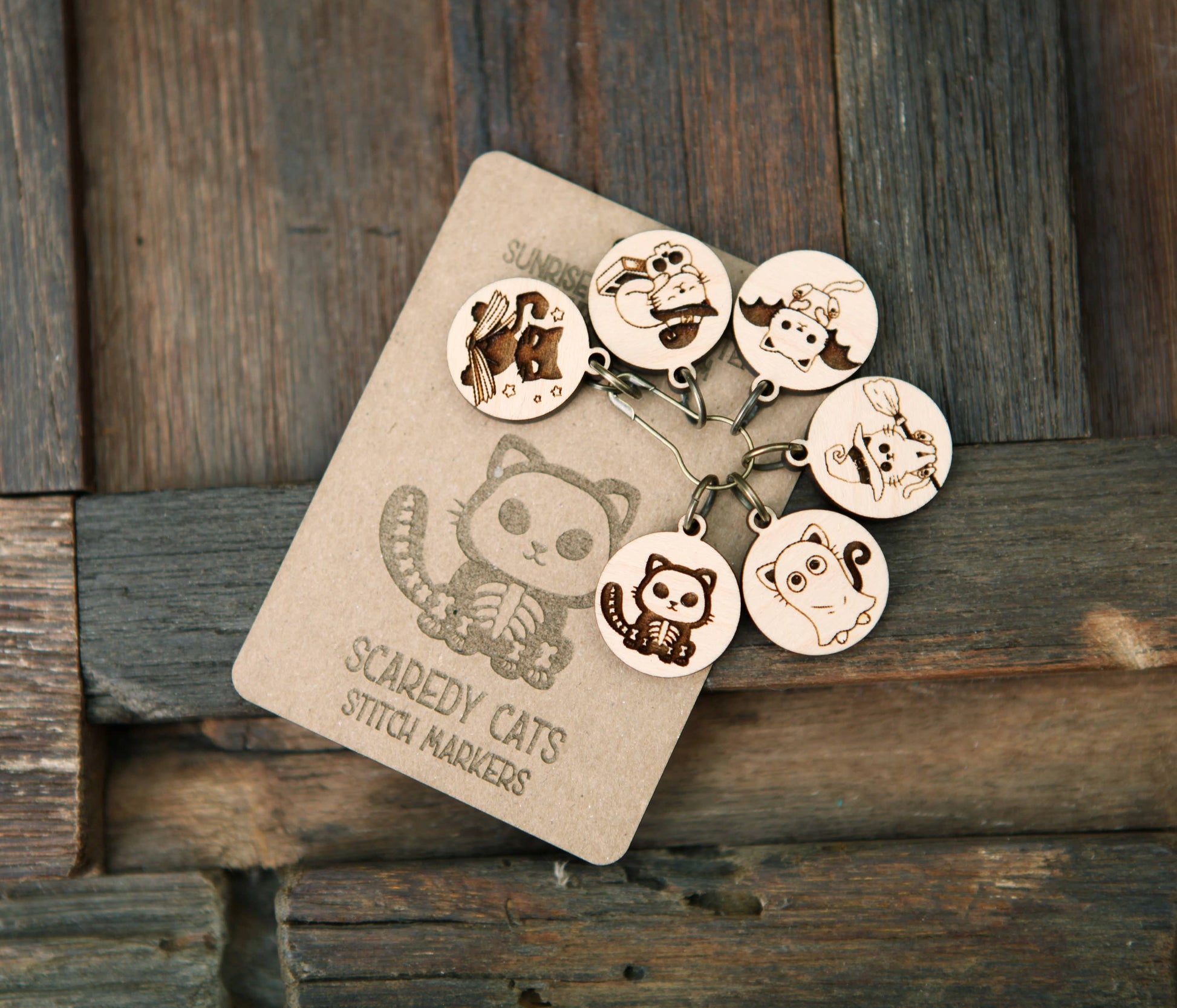 Sunrise Grove Halloween Cats Knitting Stitch Markers Set in Maple Wood Stitch markers