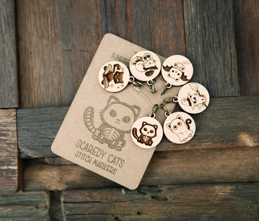 Sunrise Grove Halloween Cats Knitting Stitch Markers Set in Maple Wood Stitch markers